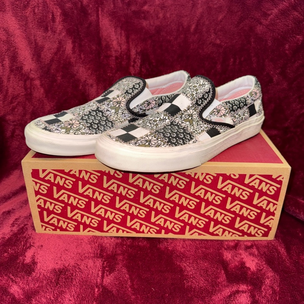 Vans Black and Pink Floral Checkered Slip-Ons